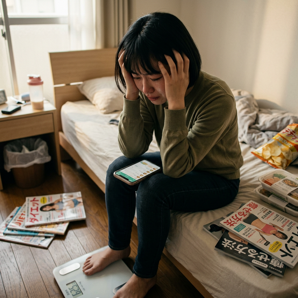 Distressed person sitting on bed beside phone, scale, magazines, and food